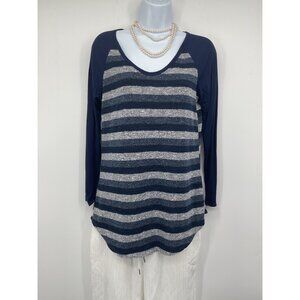 Goo Yoo Womens Navy & Gray Striped Raglan 3/4 Sleeve Top